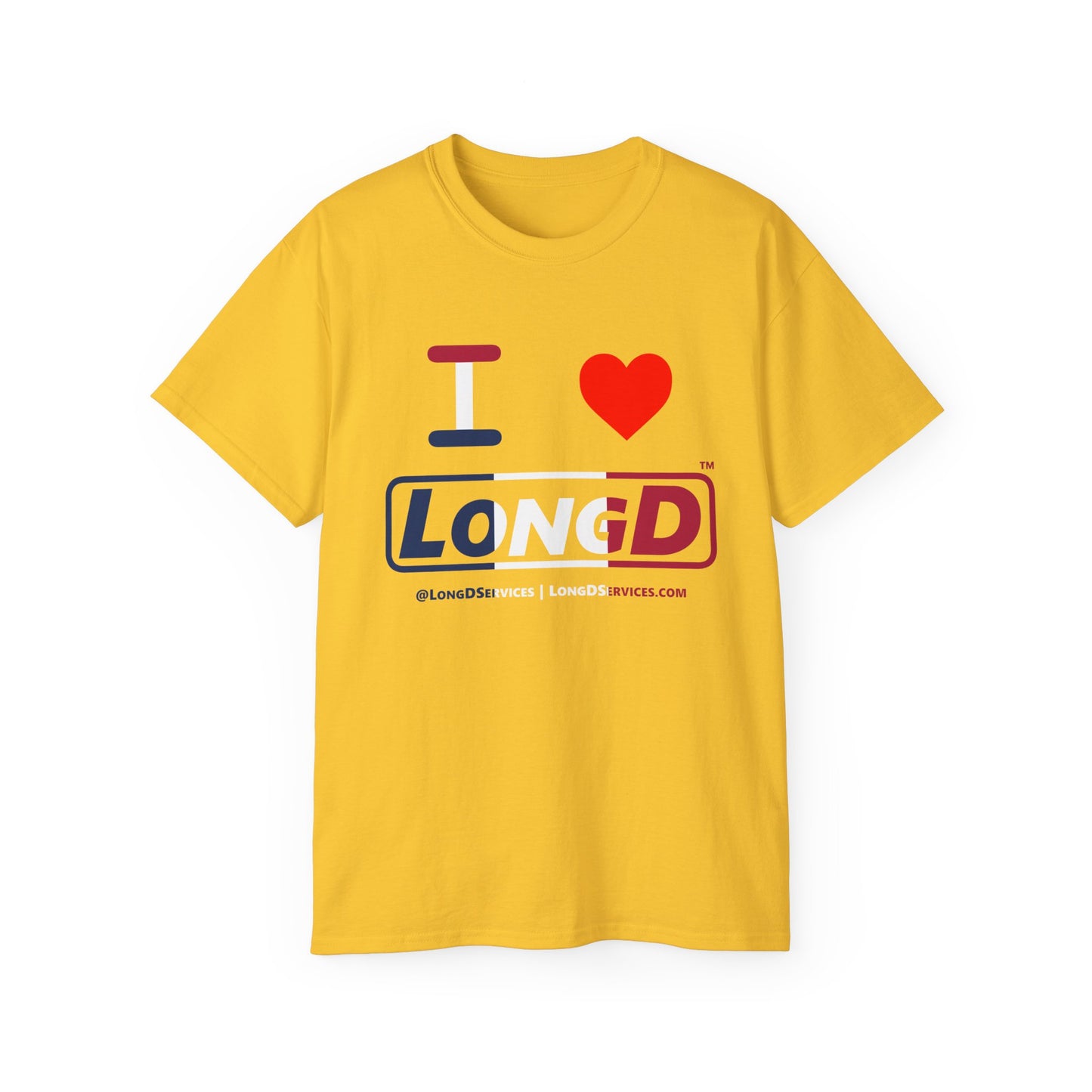 I Luv LongD® Logo Cotton Tee Blue, White and Red positive thirds text