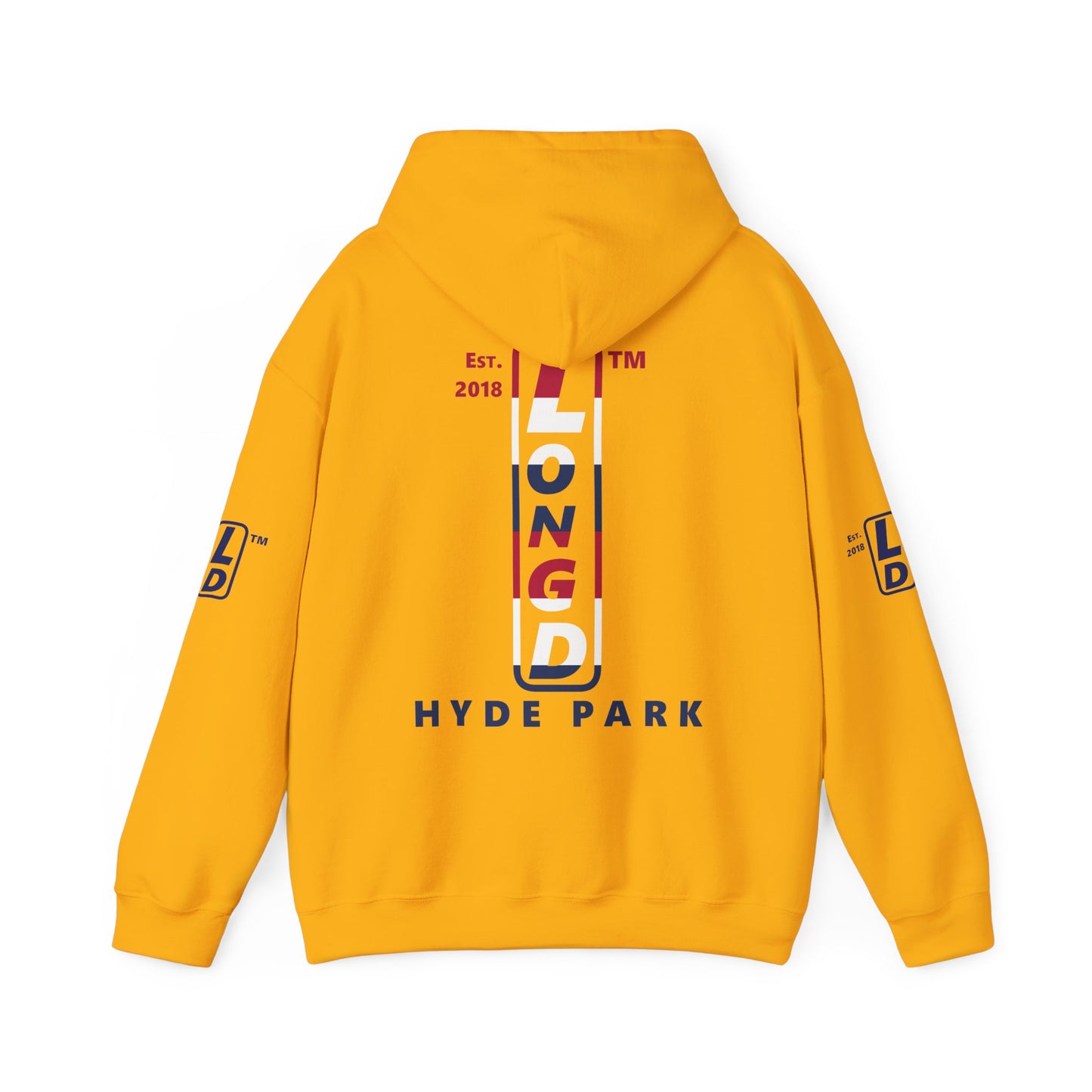 LongD® positive horizontal 6-striped Hyde Park 4-print upright logo hoodie (patriotic colors)