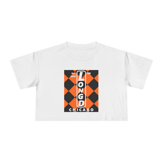 LongD Chicago negative upright argyle logo (Halloween colors) crop tee