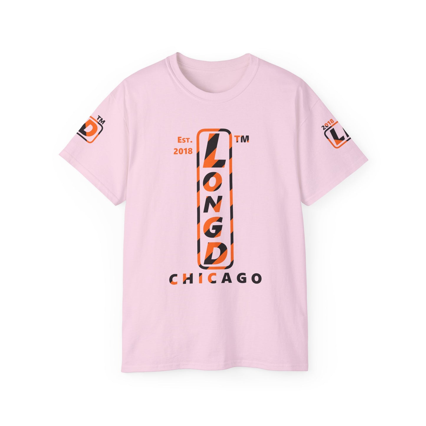 LongD Chicago positive upright pixel-weighted 12-striped 4-print logo (Halloween colors) cotton tee