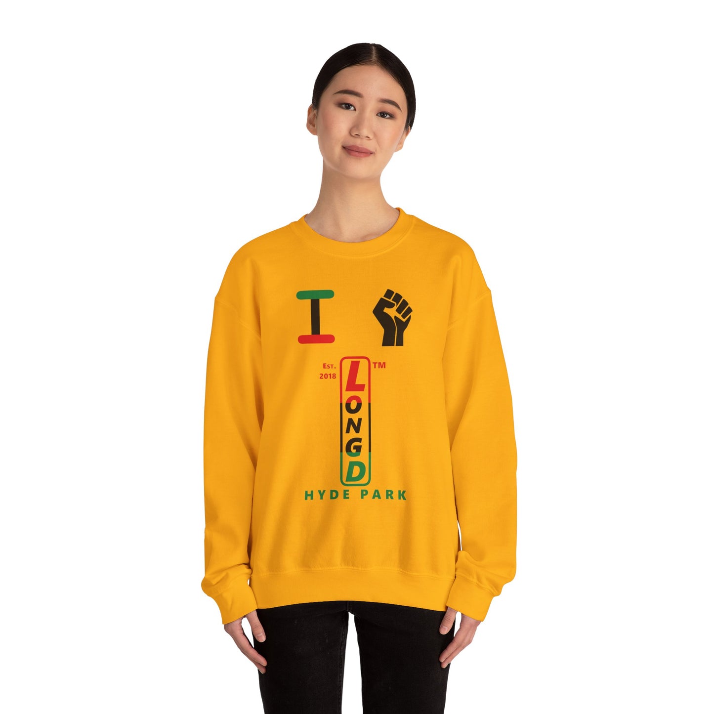 I Fist LongD positive horizontal 3-striped Hyde Park upright logo crewneck sweatshirt