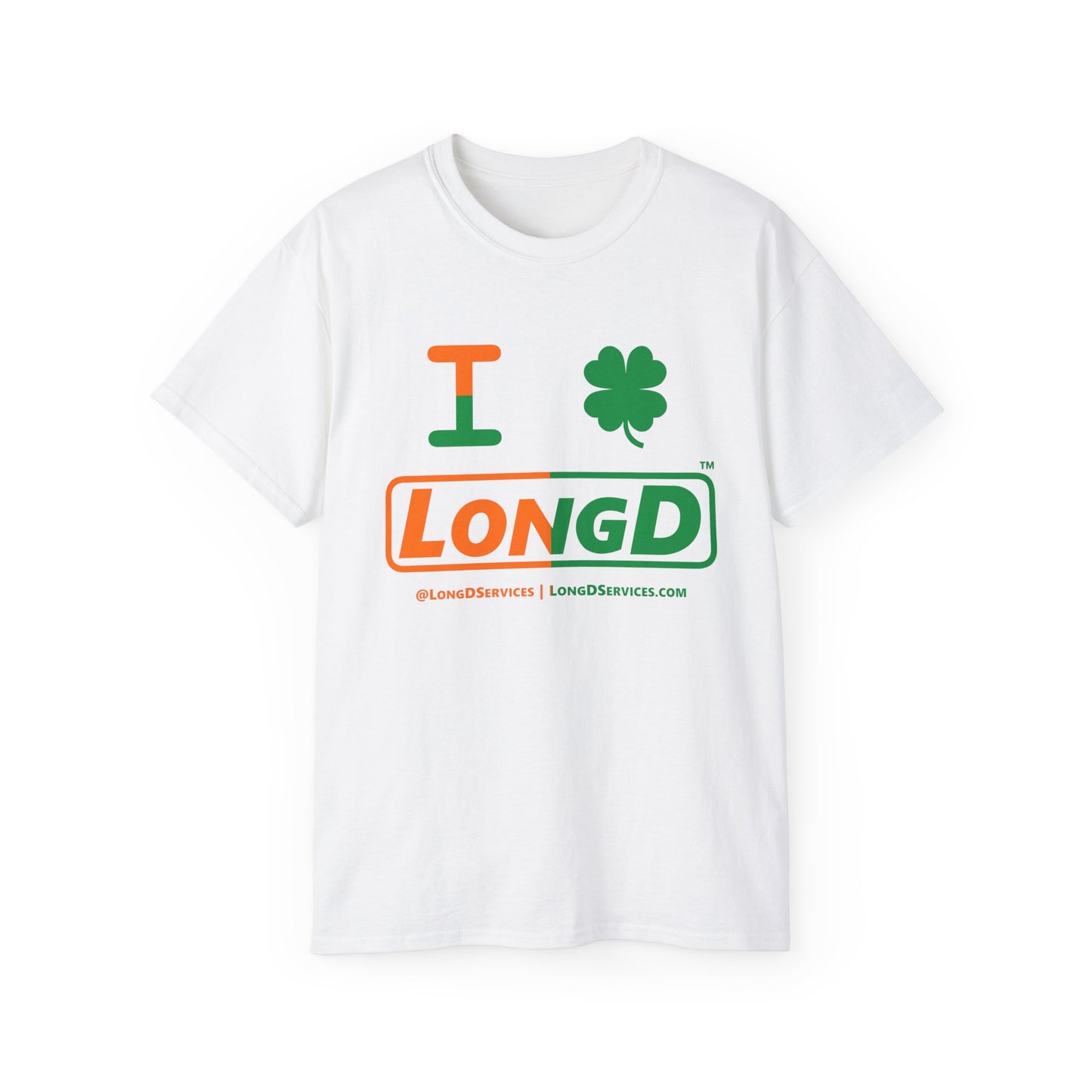 I Clover LongD® Logo Cotton Tee (St. Patrick's Day -Irish Green and Irish Orange right-left split with 4-leaf clover)