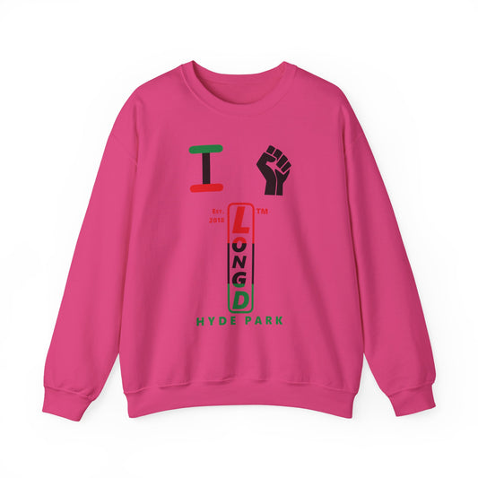 I Fist LongD positive horizontal 3-striped Hyde Park upright logo crewneck sweatshirt