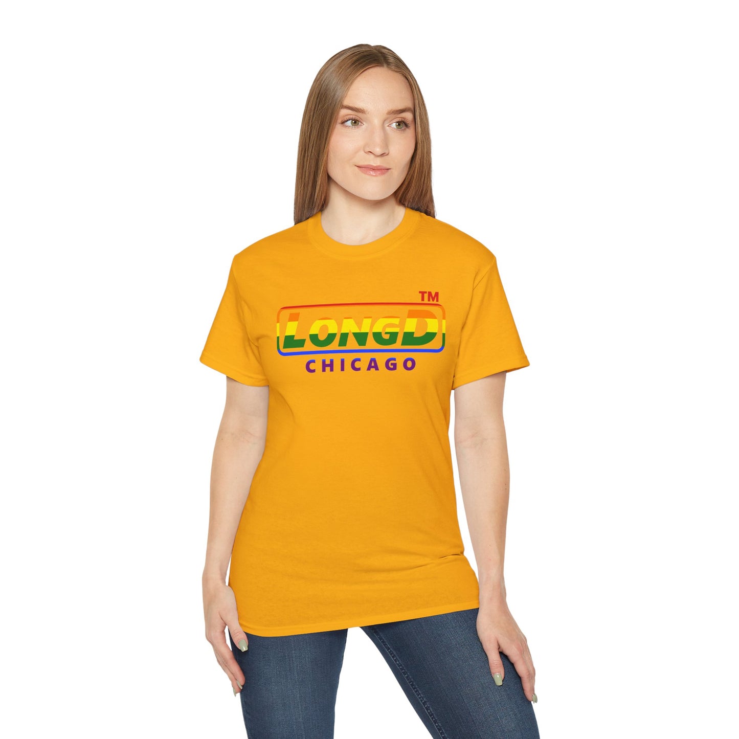 LongD positive vertical striped front-back Chicago logo cotton tee (Pride colors)