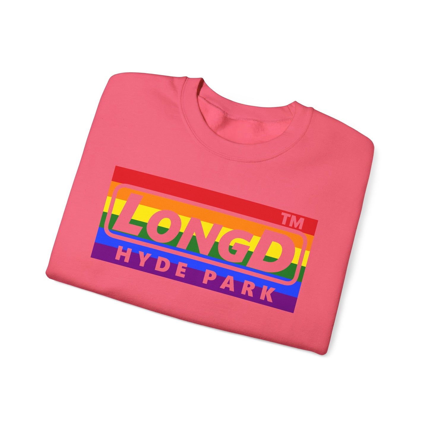 LongD negative horizontal striped Hyde Park logo crewneck sweatshirt (Pride colors)