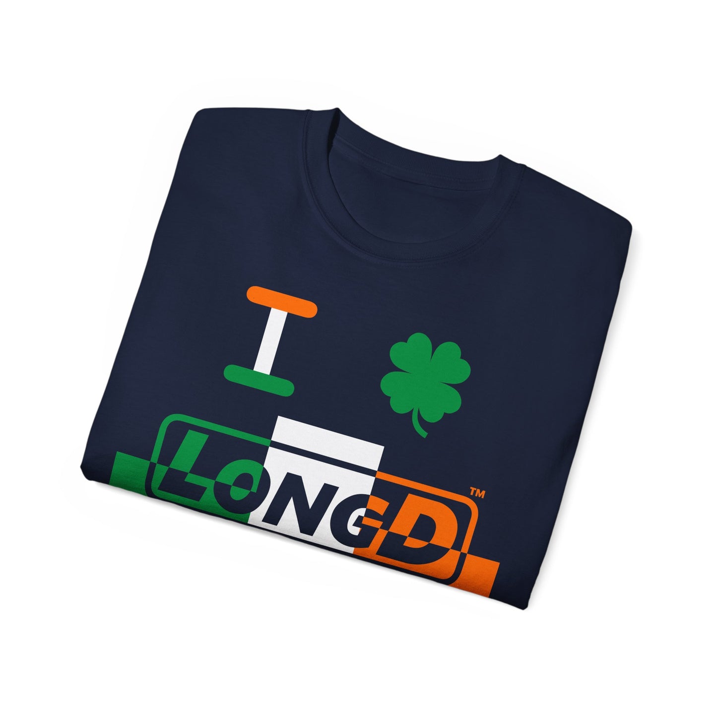 I Clover LongD® Logo Cotton Tee (St. Patrick's Day -Irish Green, White and Irish Orange thirds top-bottom outer positive-negative split with 4-leaf clover)
