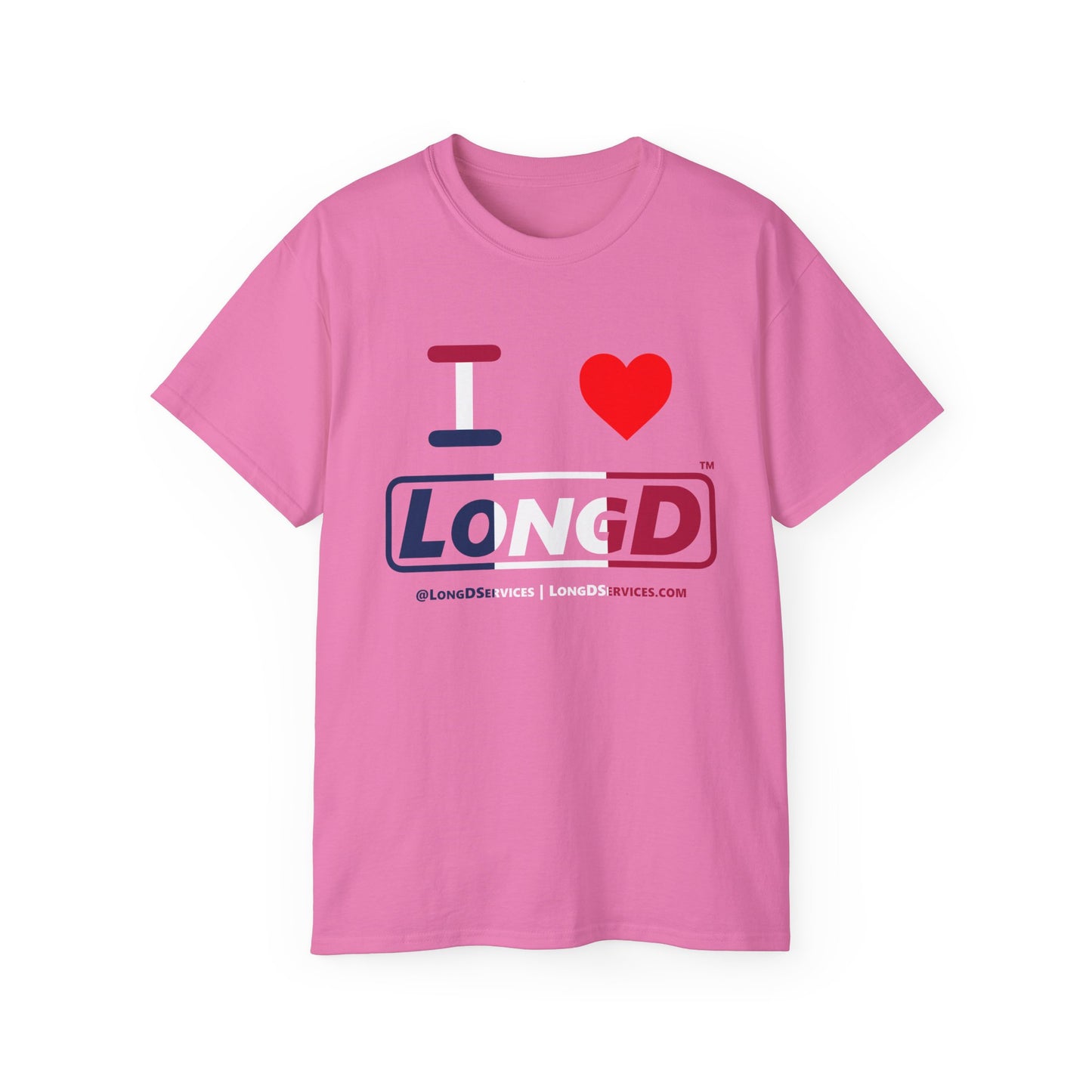 I Luv LongD® Logo Cotton Tee Blue, White and Red positive thirds text