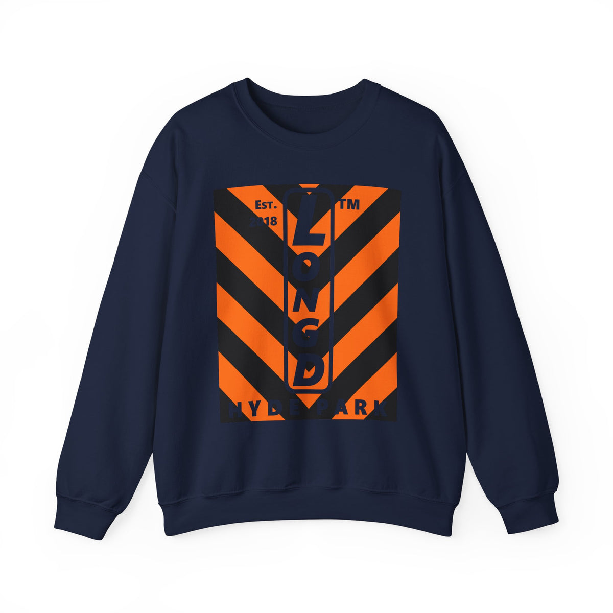 LongD Hyde Park negative upright downward chevron logo (Halloween colors) crewneck sweatshirt