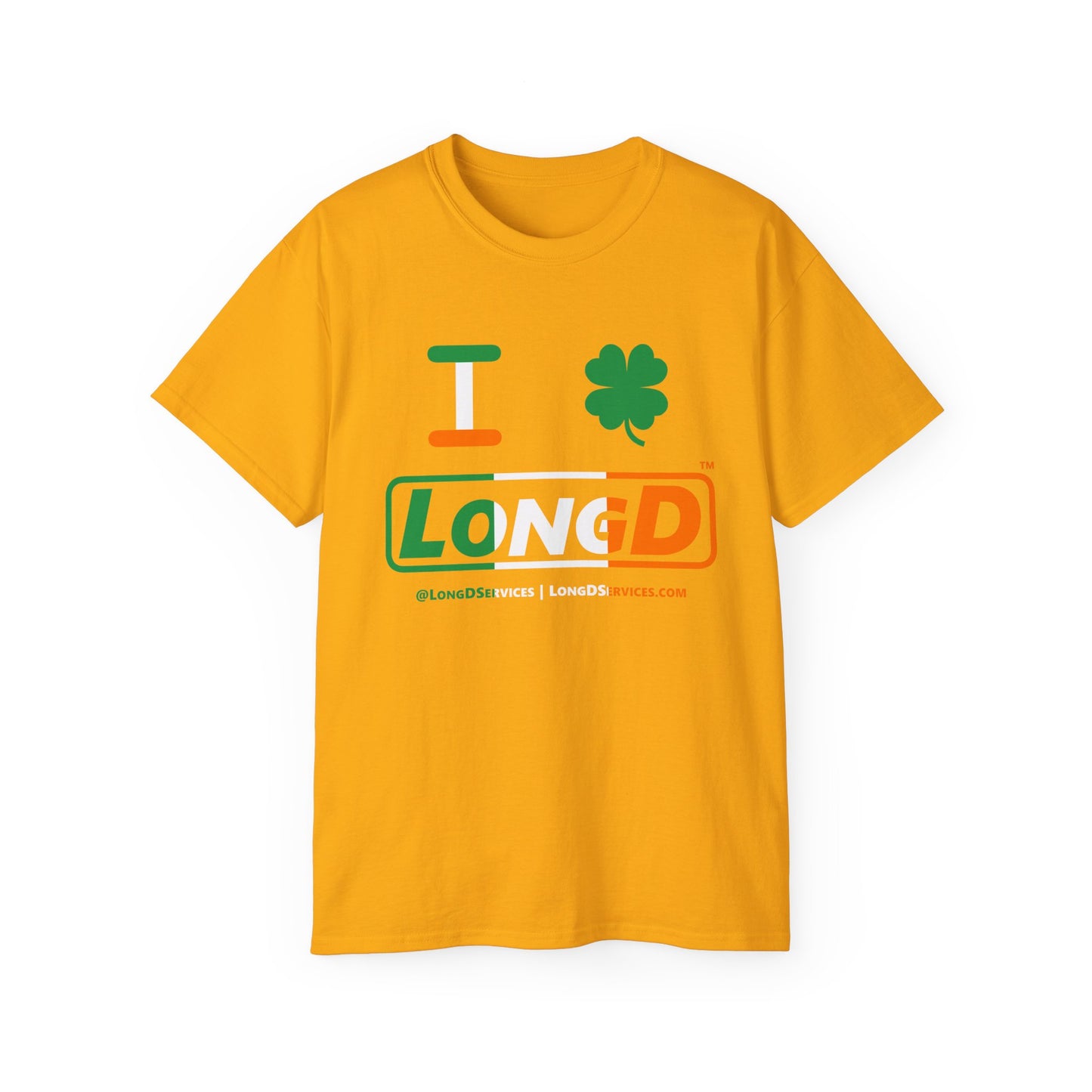 I Clover LongD® Logo Cotton Tee (St. Patrick's Day -Irish Green, White and Irish Orange thirds with 4-leaf clover)