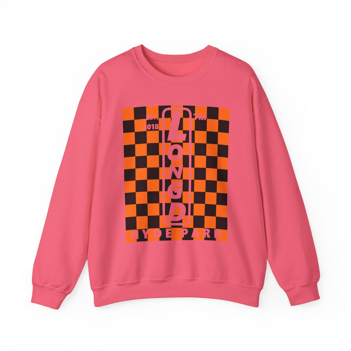 LongD Hyde Park negative upright checkered logo (Halloween colors) crewneck sweatshirt