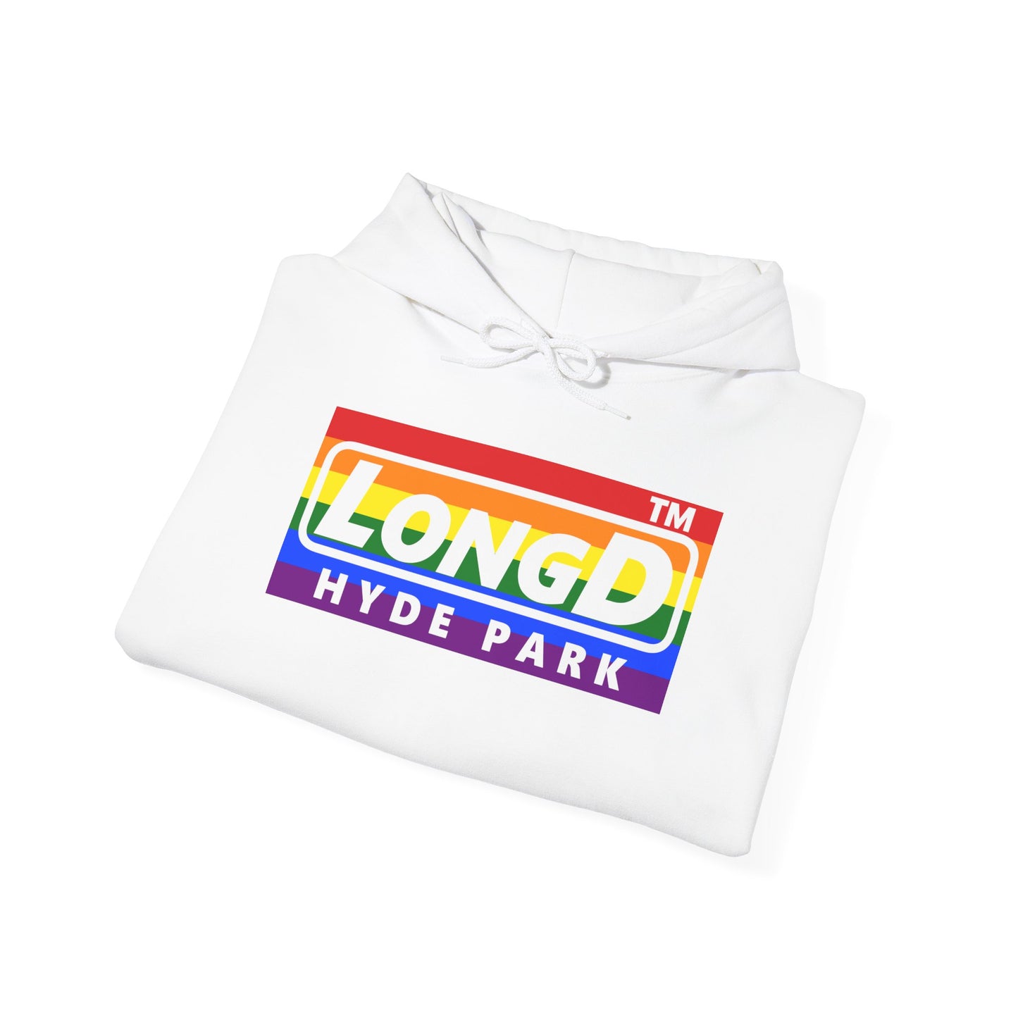 LongD® negative horizontal striped Hyde Park logo hoodie (Pride colors)
