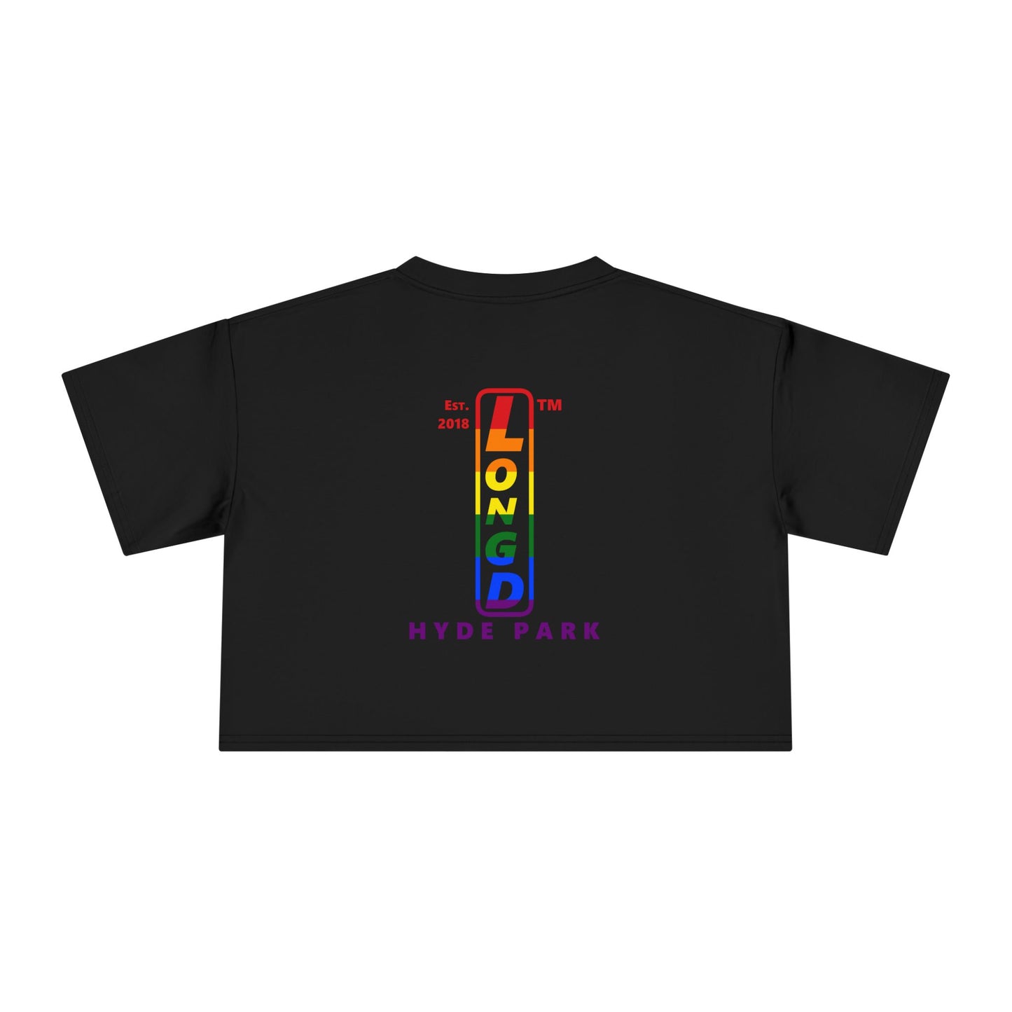 Mixed horizontal 6-striped upright front-back Hyde Park logo crop tee (Pride colors)