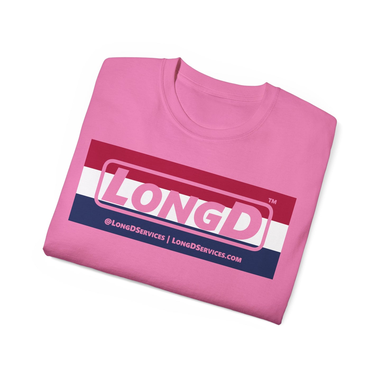 LongD® Logo Cotton Tee Red, White and Blue striped thirds negative text