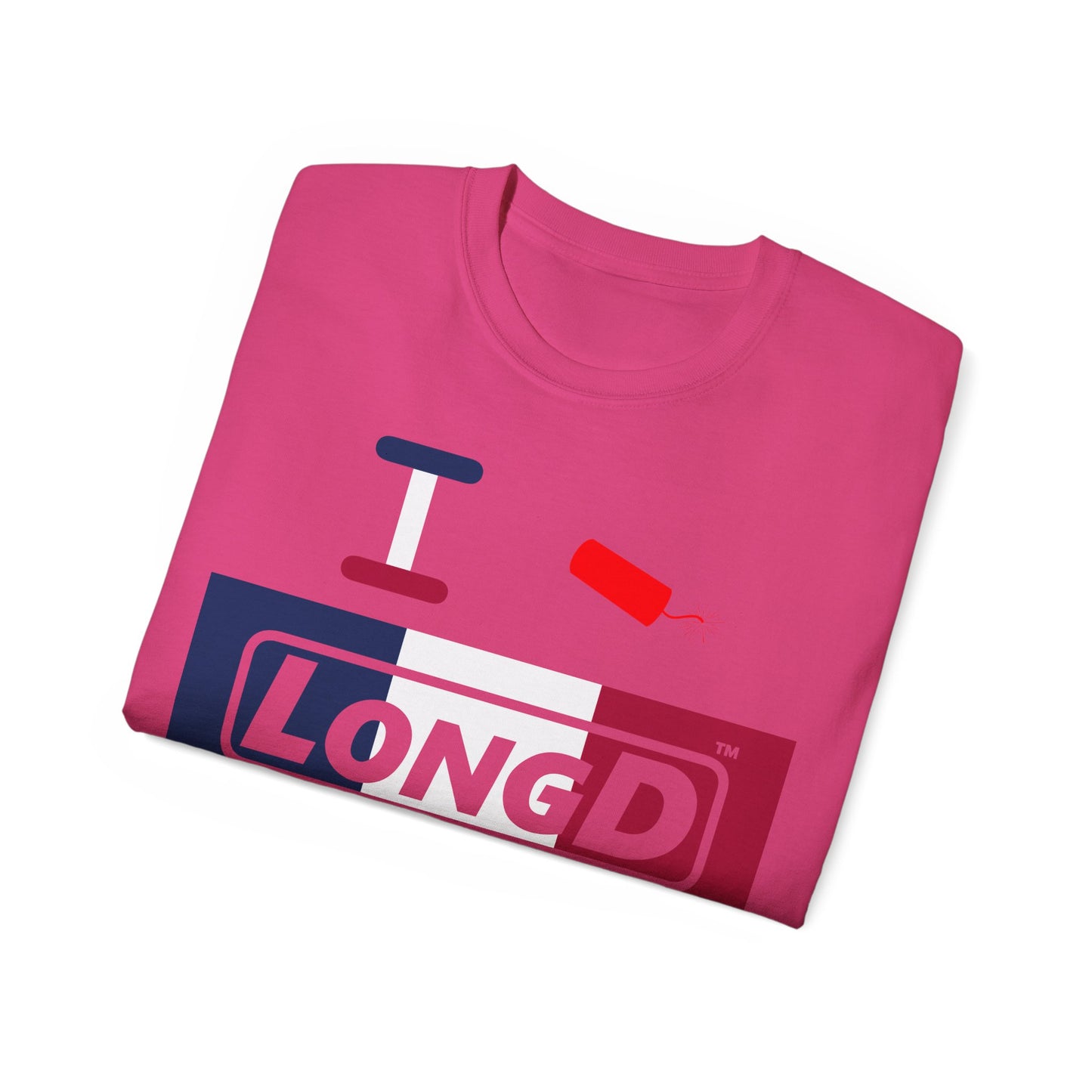 I Firecracker LongD® Logo Cotton Tee Blue, White and Red negative thirds text
