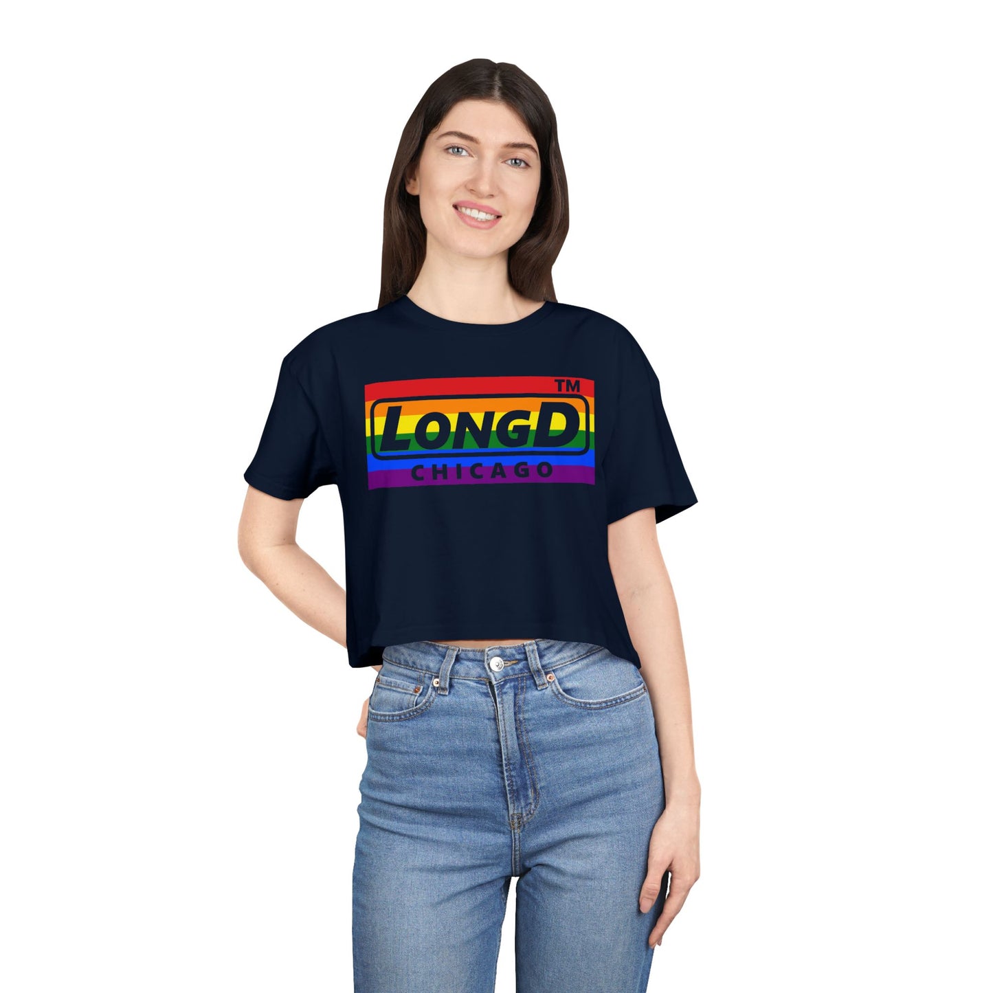 LongD negative horizontal 6-striped Chicago logo crop tee (Pride colors)