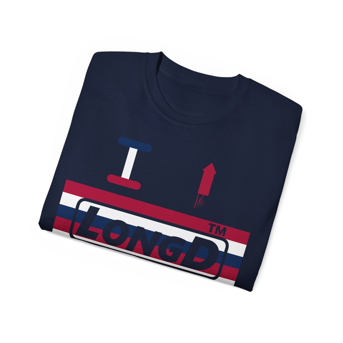 I firecracker LongD negative horizontal 6-striped tag-domain logo cotton tee