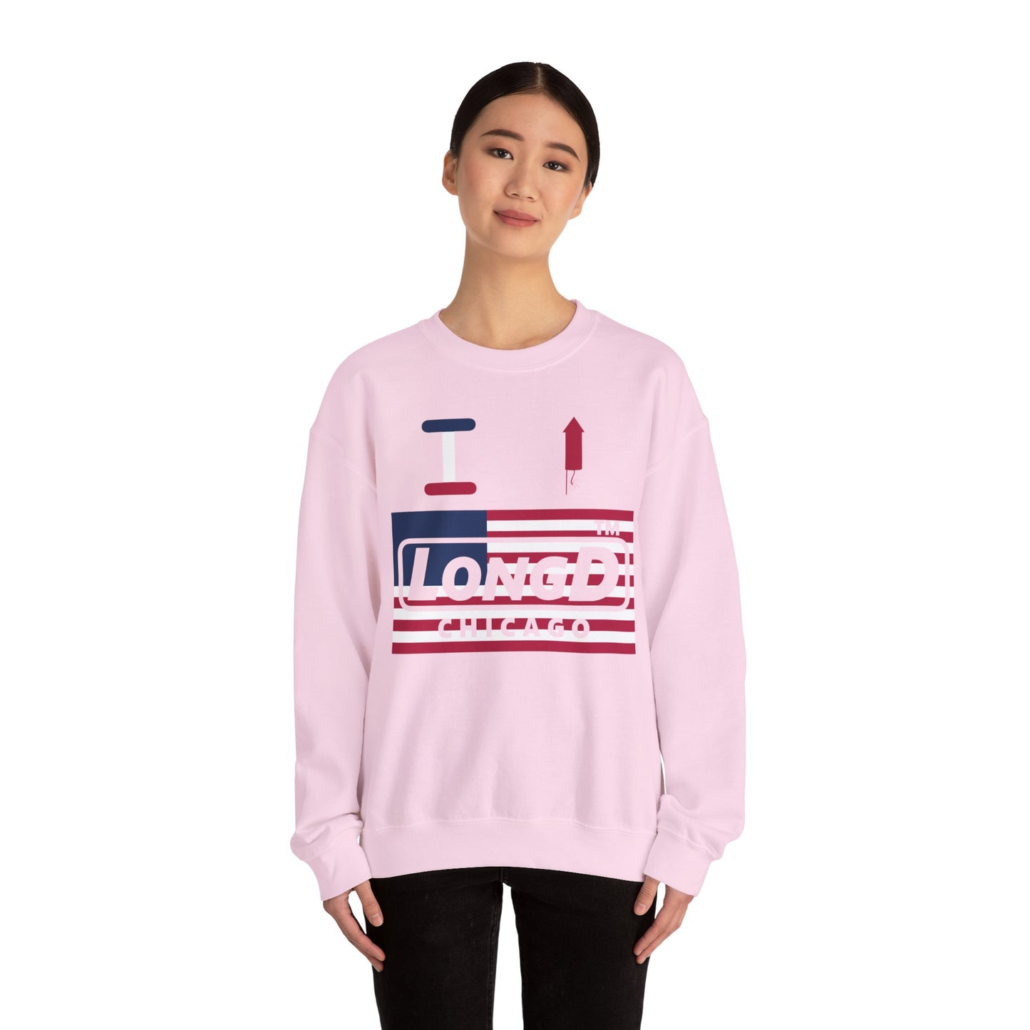 I firecracker LongD negative flag front-back Chicago logo crewneck sweatshirt