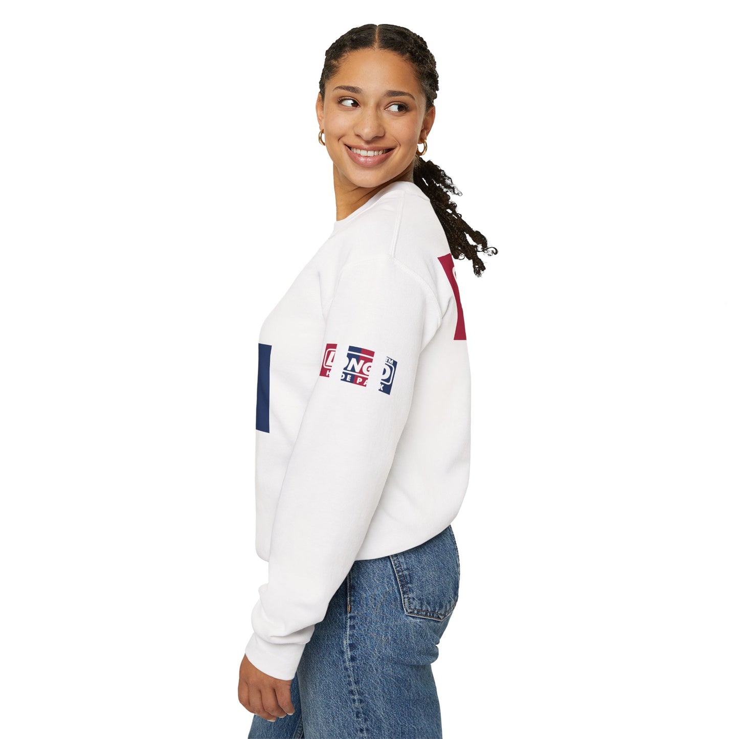 I firecracker LongD positive vertical 6-striped 4-print Hyde Park logo crewneck sweatshirt