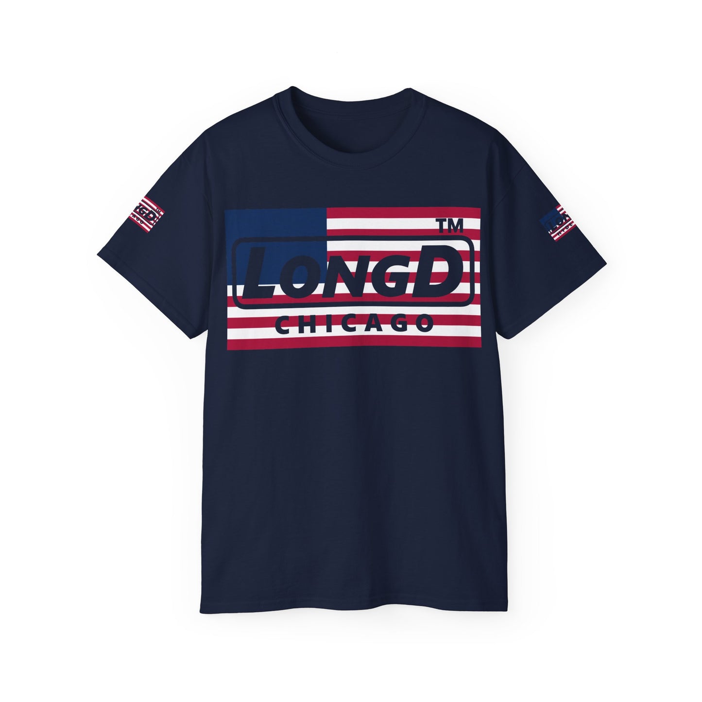 LongD negative flag 4-print Chicago logo cotton tee (patriotic colors)