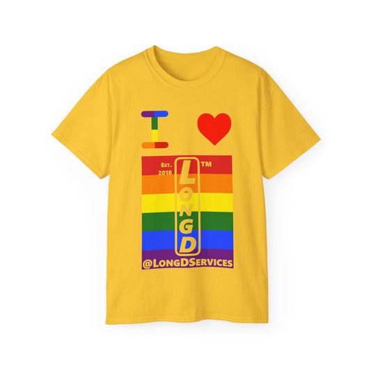 I Luv LongD Cotton Tee negative horizontal striped tag upright logo (Pride colors)