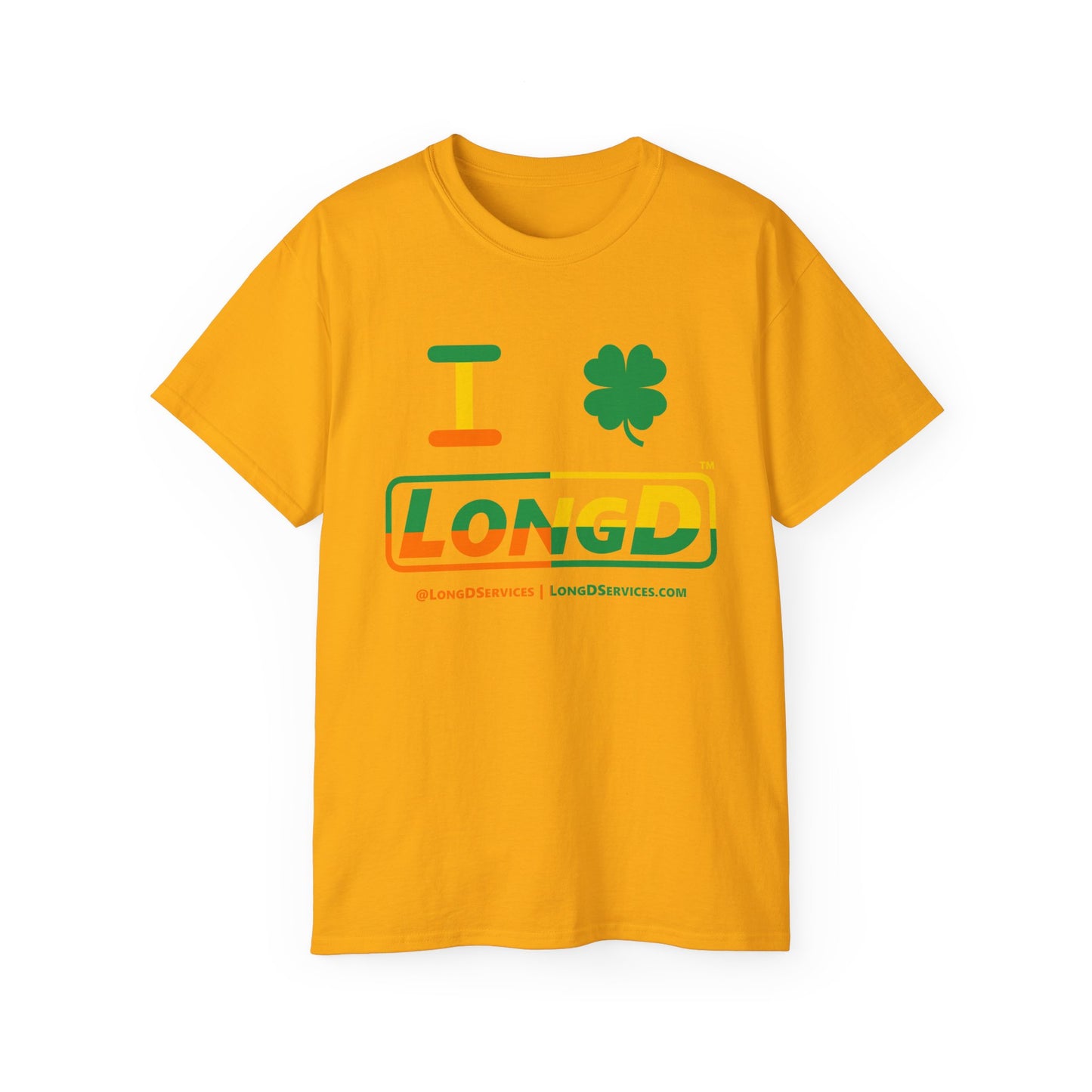 I Clover LongD® Logo Cotton Tee (St. Patrick's Day -Irish Green, Golden Yellow and Irish Orange quarters with 4-leaf clover)
