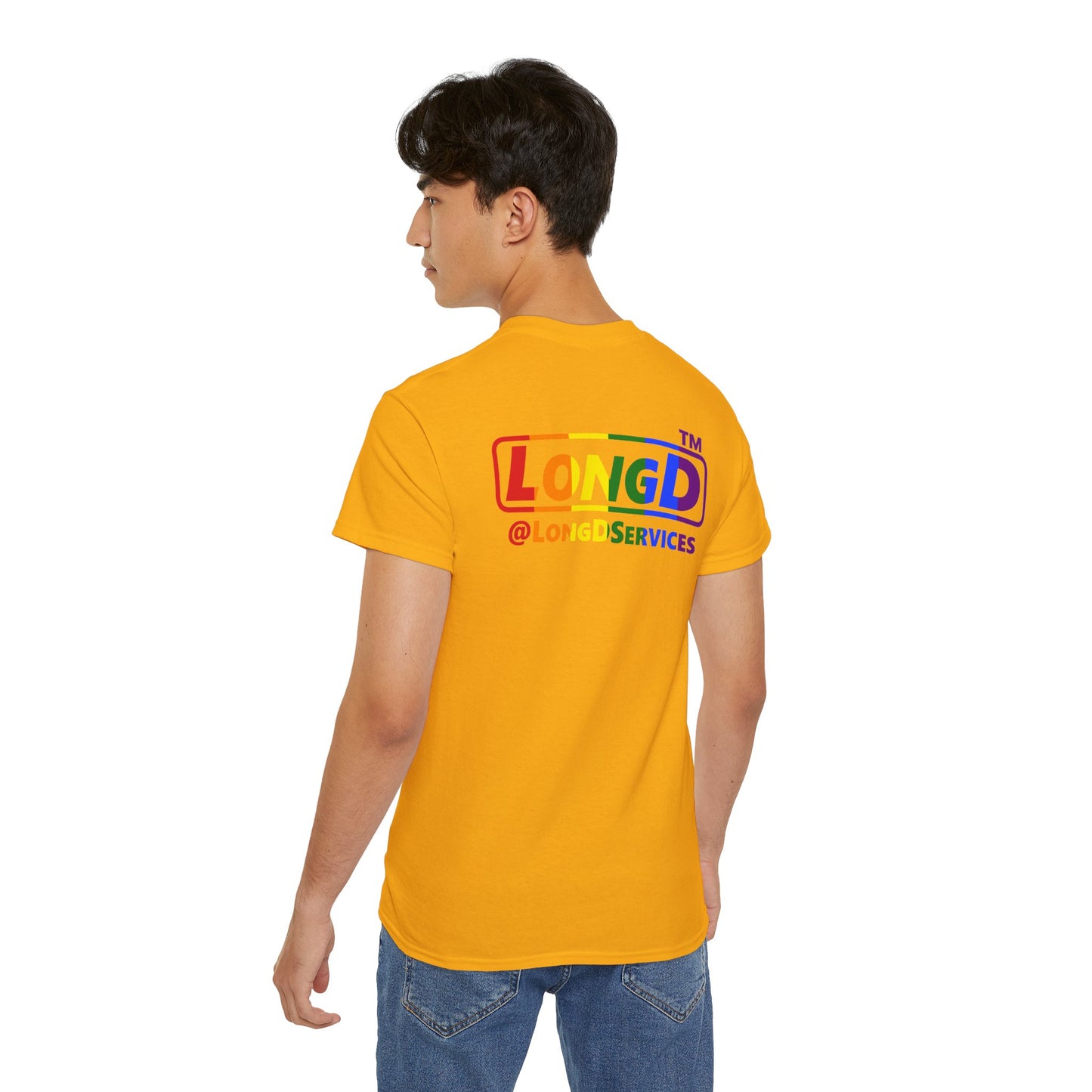 LongD positive vertical striped front-back Chicago logo cotton tee (Pride colors)