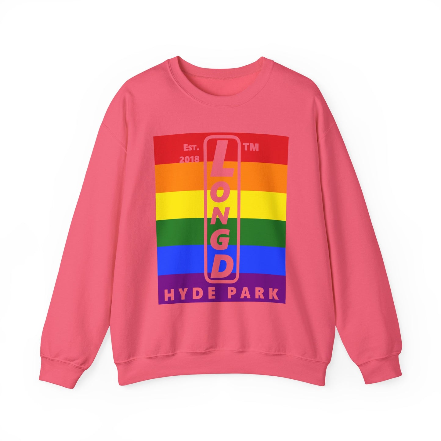 LongD negative horizontal 6-striped Hyde Park upright logo crewneck sweatshirt (Pride colors)