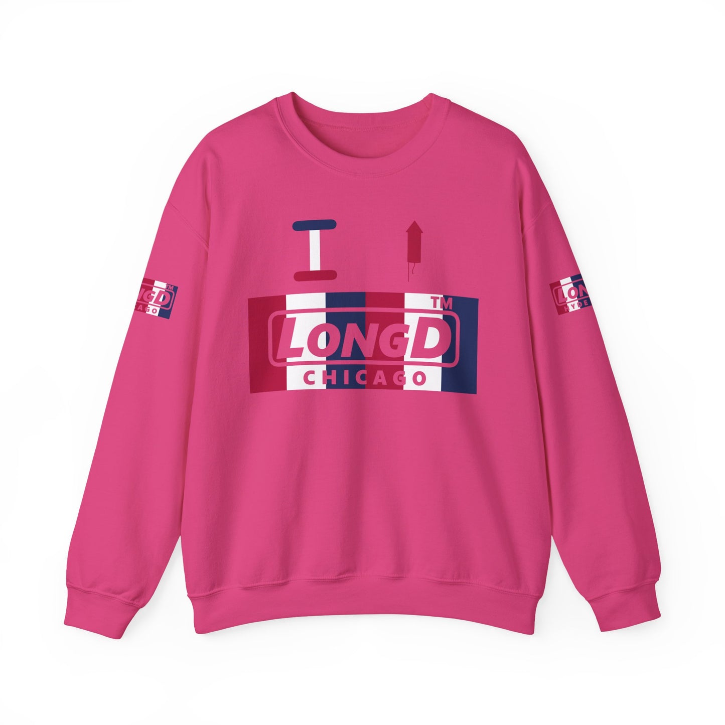I firecracker LongD positive vertical 6-striped 4-print Chicago logo crewneck sweatshirt