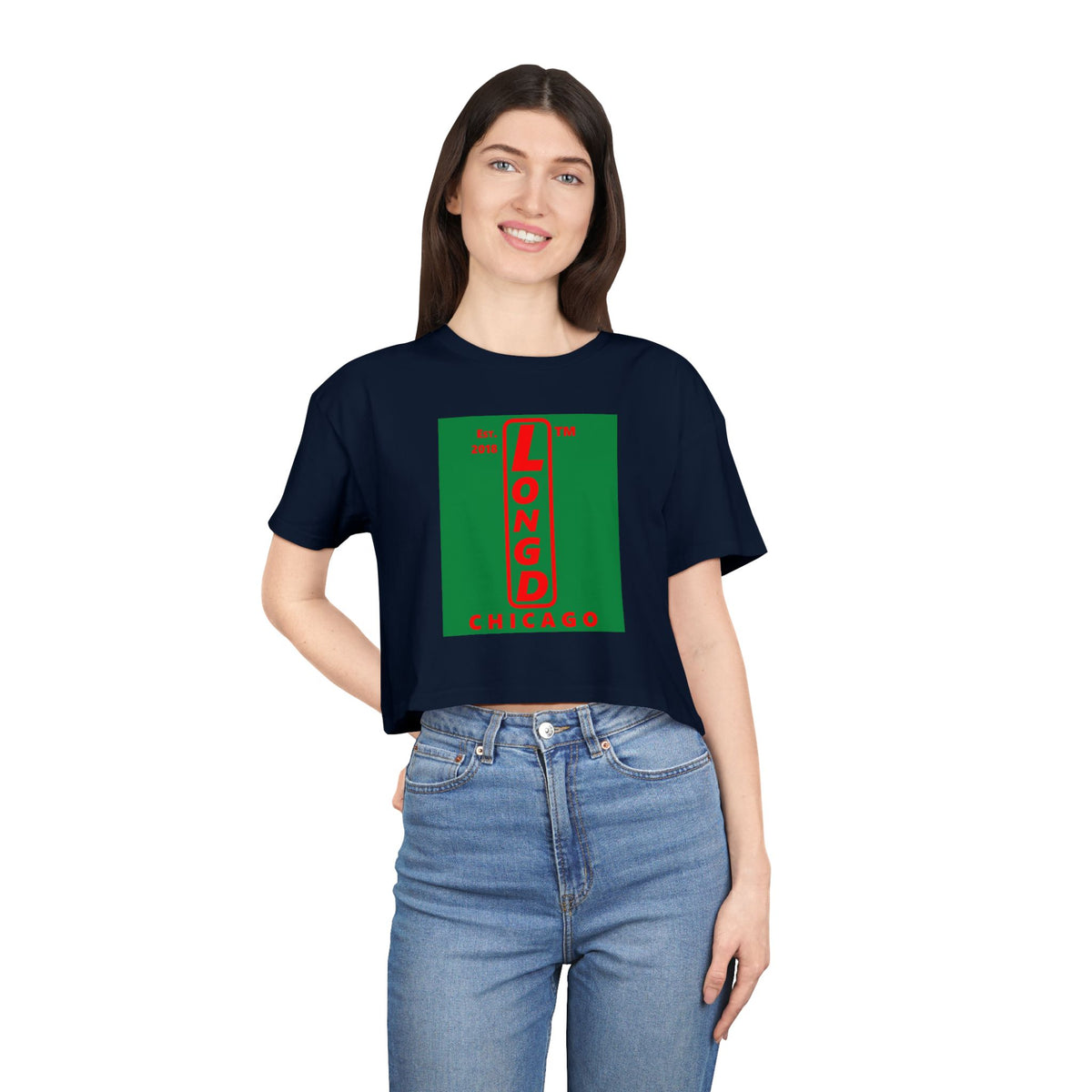 LongD Chicago upright logo positive red on negative green (Xmas colors) crop tee