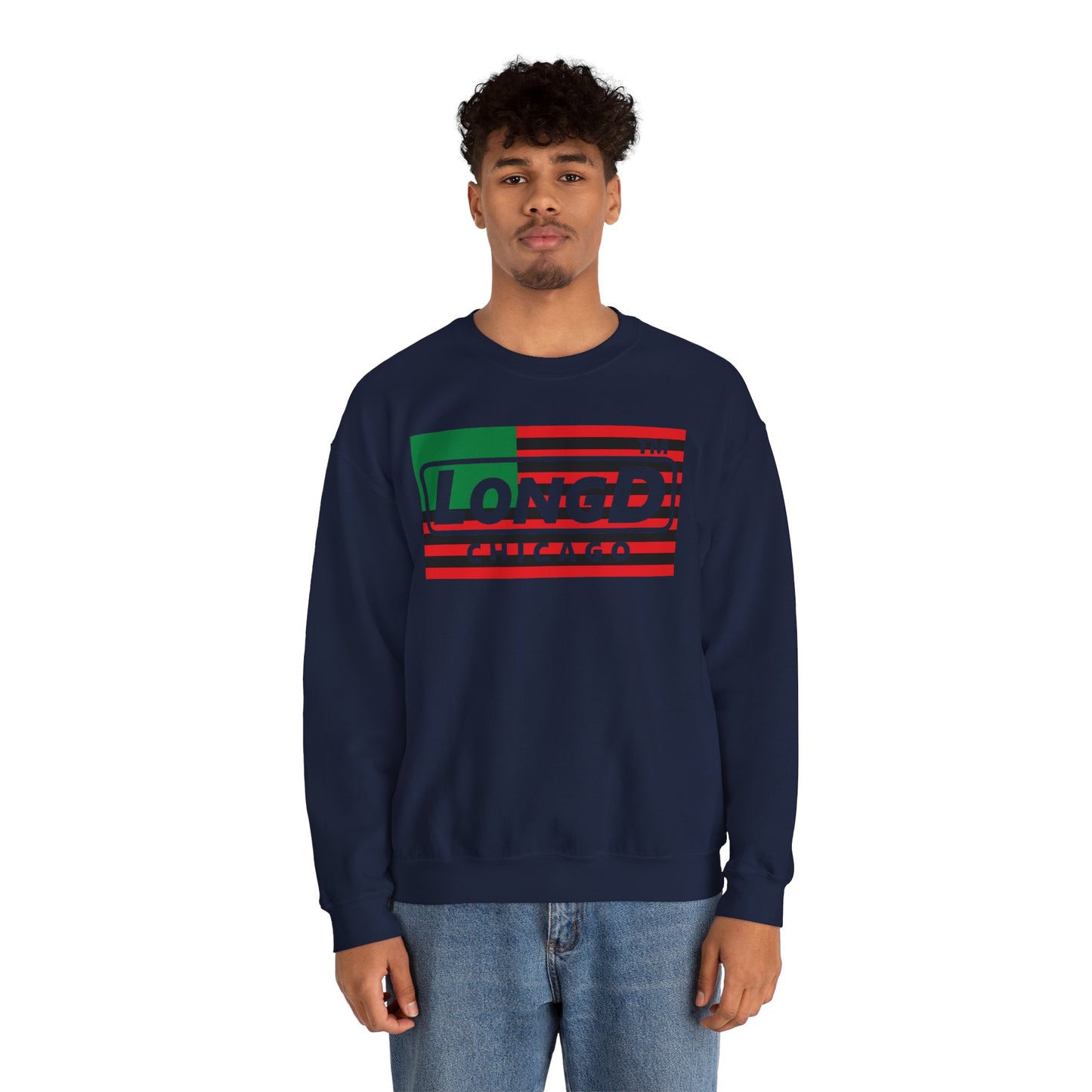 LongD negative flag front-back Chicago logo crewneck sweatshirt (Juneteenth colors)