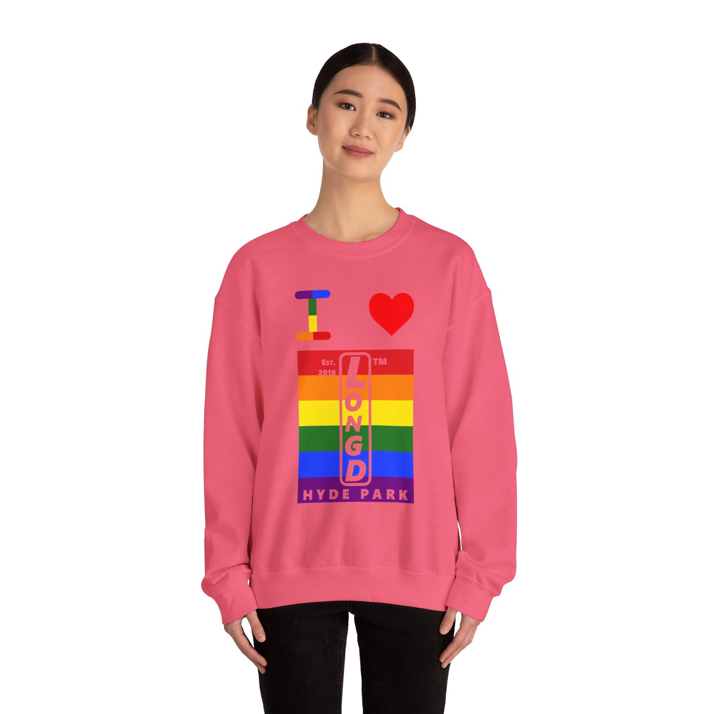 I Luv LongD negative horizontal 6-striped Hyde Park upright logo crewneck sweatshirt