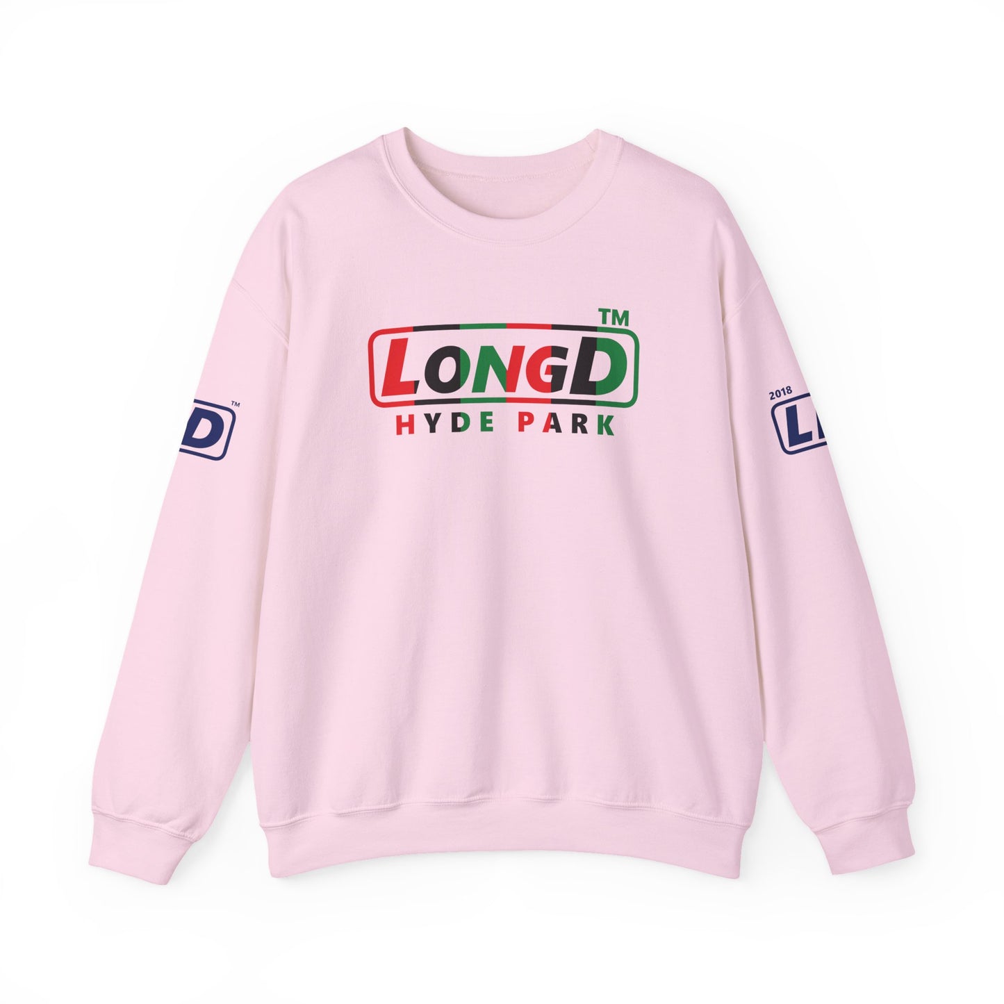 LongD positive vertical 6-striped 4-print Hyde Park logo crewneck sweatshirt (Juneteenth colors)