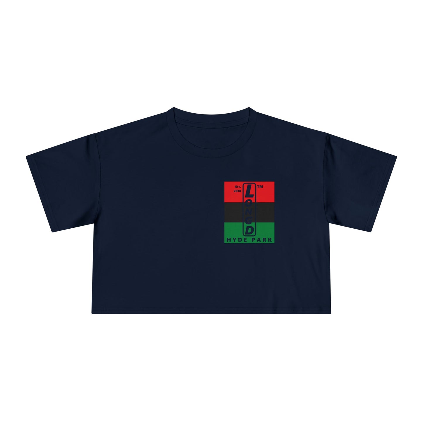 Negative horizontal 3-striped upright single-breasted Hyde Park logo crop tee (Juneteenth colors)