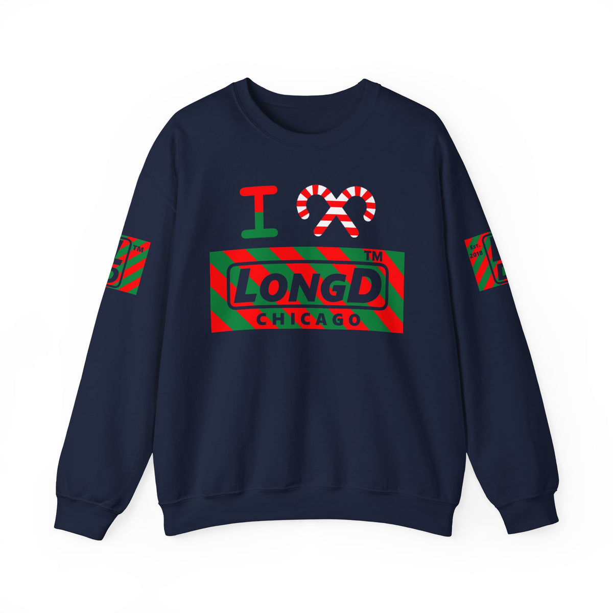 I candy cane LongD Chicago negative 12-striped 4-print logo crewneck sweatshirt