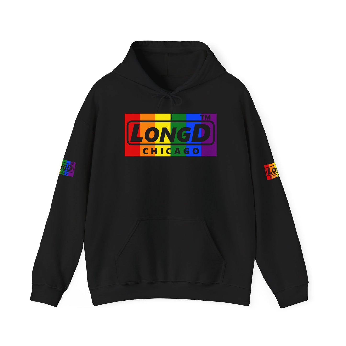LongD® negative vertical striped 4-print Chicago logo hoodie (Pride colors)