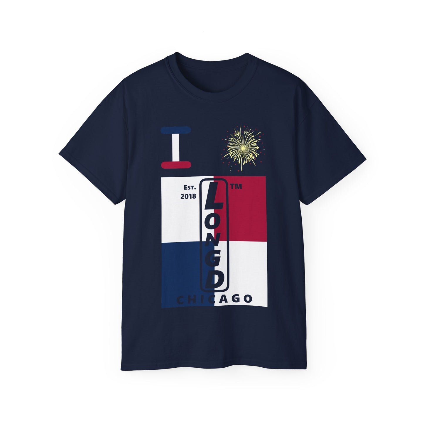I Burst LongD cotton tee negative quarters Chicago upright logo (Patriotic colors)