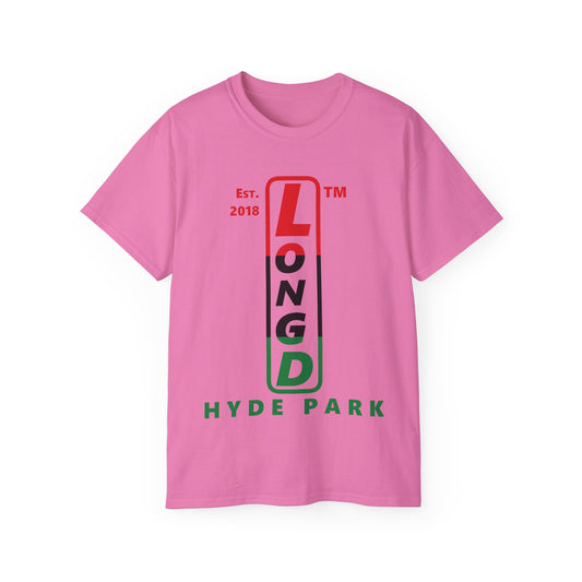 LongD Cotton Tee positive horizontal striped Hyde Park upright logo (Juneteenth colors)