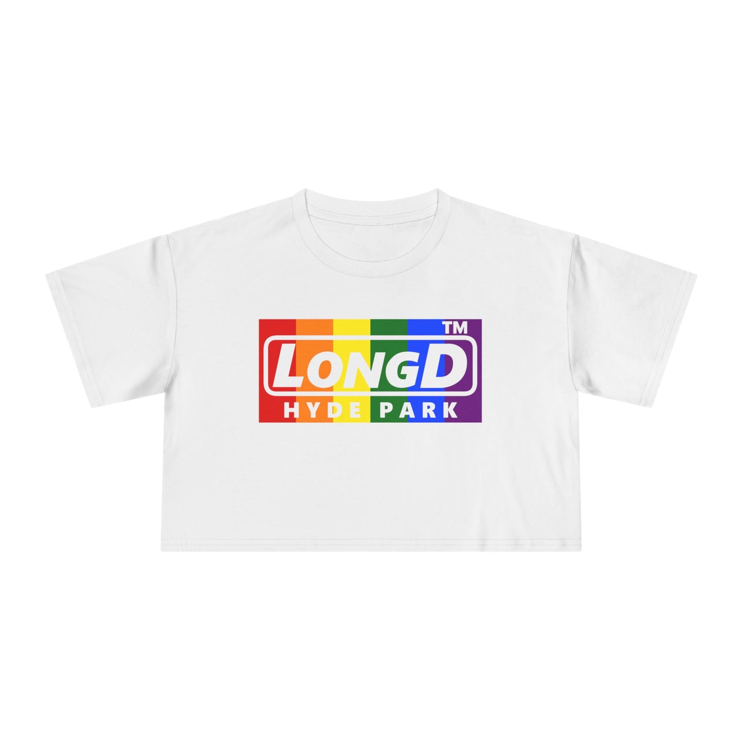 LongD negative vertical 6-striped Hyde Park logo crop tee (Pride colors)
