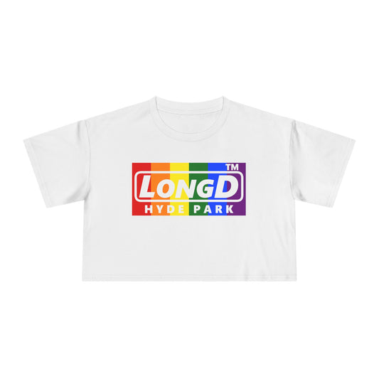 LongD negative vertical 6-striped Hyde Park logo crop tee (Pride colors)