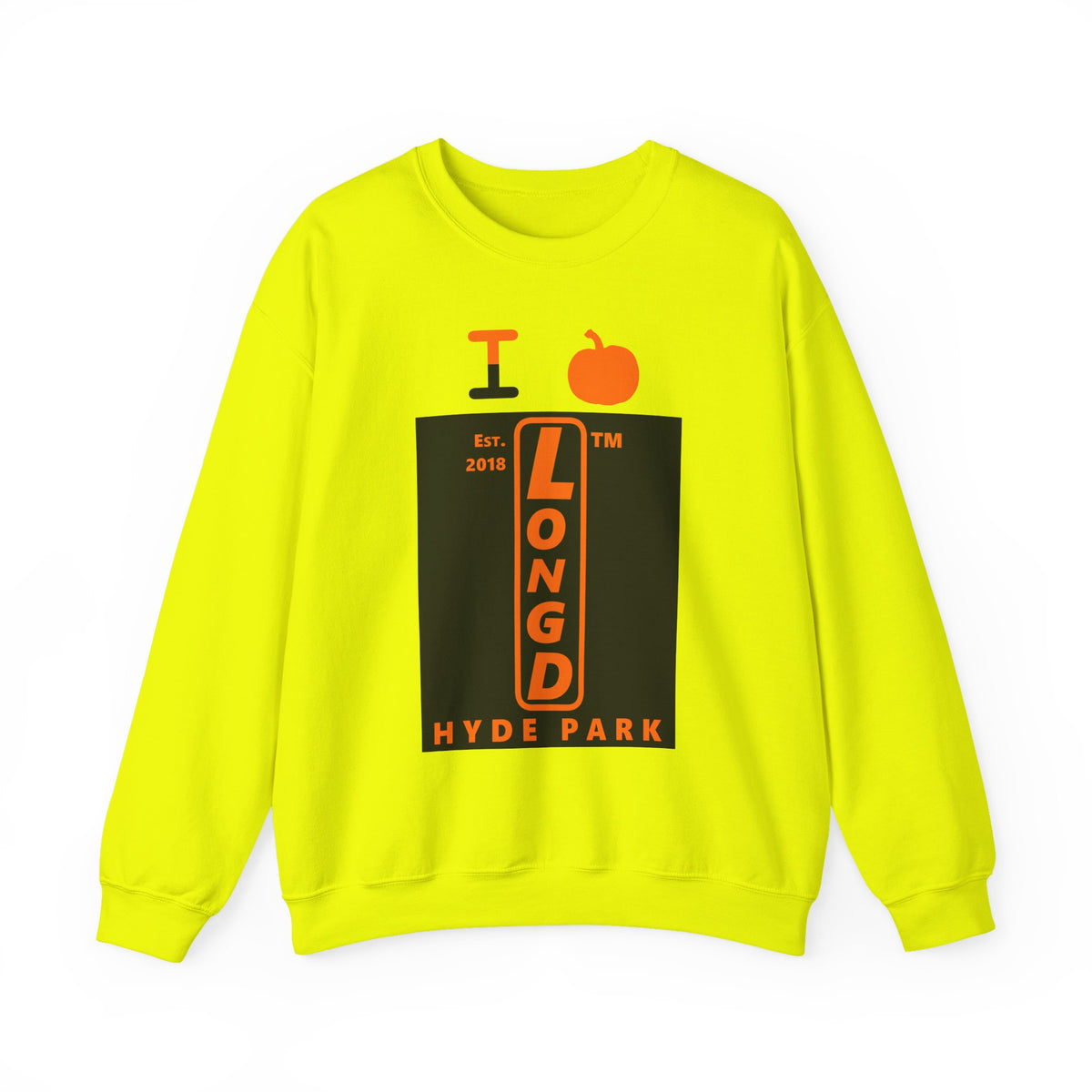 I pumpkin LongD Hyde Park upright logo positive orange on negative black crewneck sweatshirt