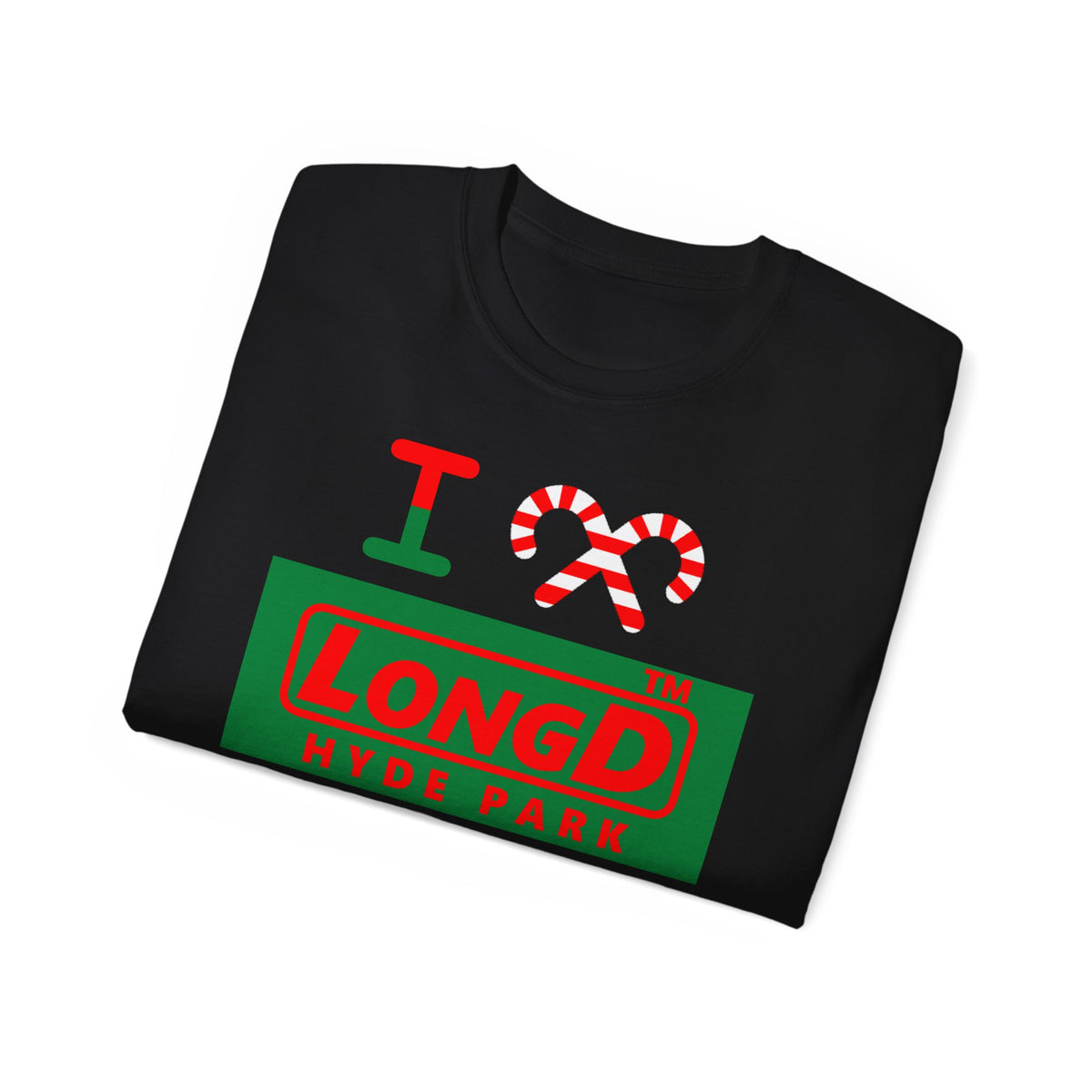 I candy cane LongD Hyde Park logo positive red on negative green cotton tee