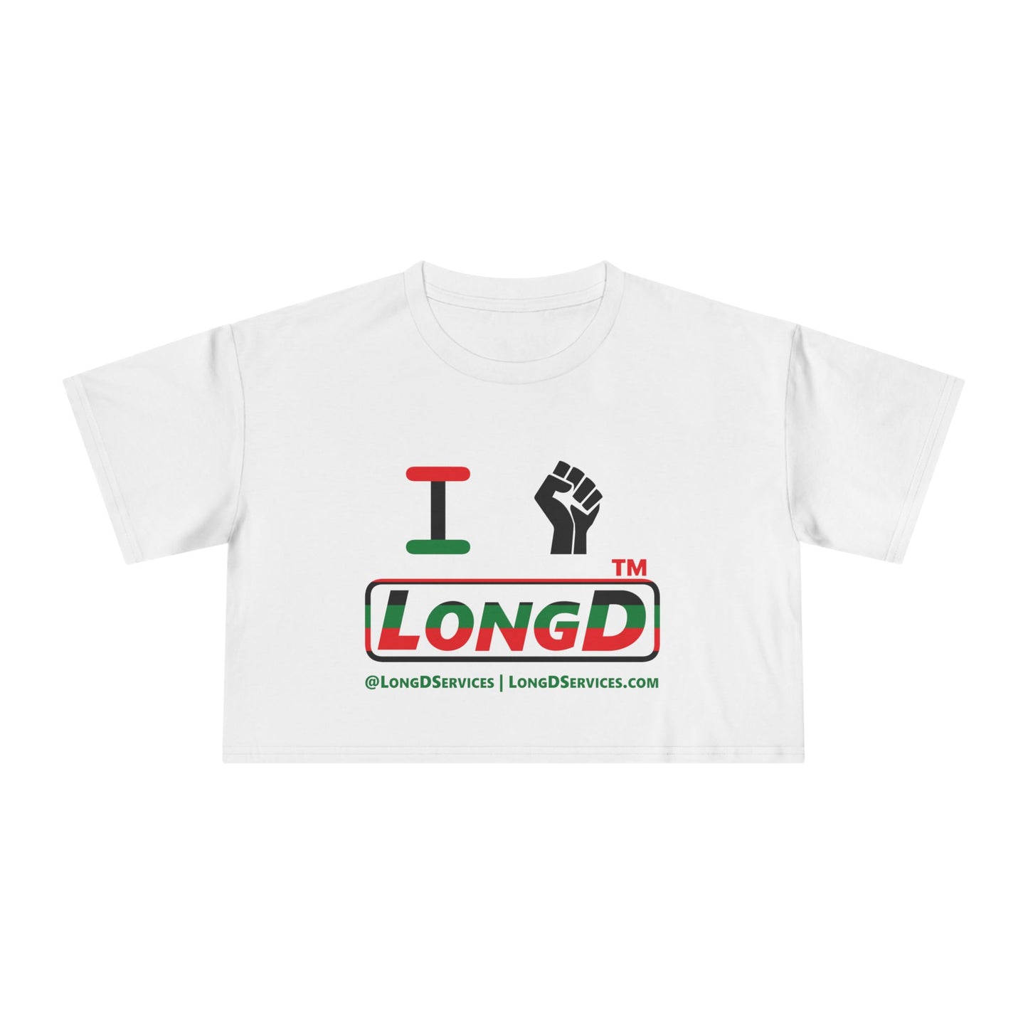 I fist LongD positive horizontal 6-striped tag-domain logo crop tee