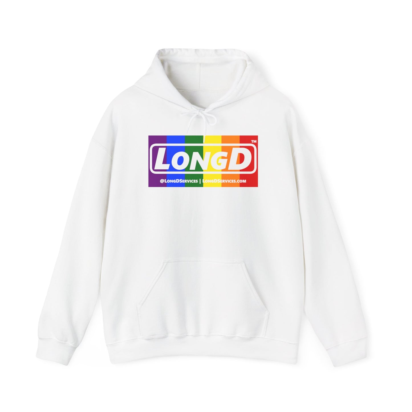 LongD® Logo Hoodie with Pride rainbow negative text
