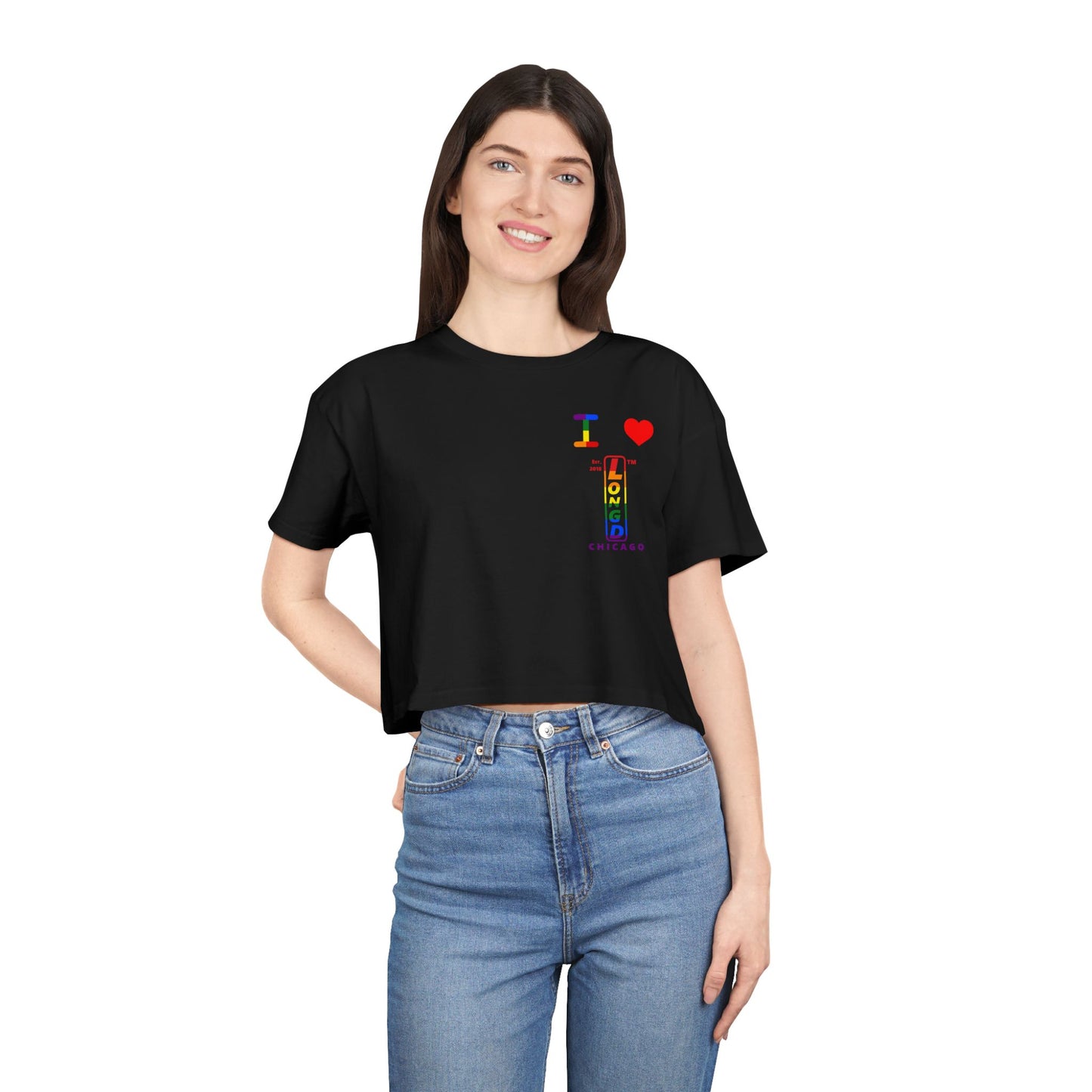 I Luv LongD Positive horizontal 6-striped upright single-breasted Chicago logo crop tee (Pride colors)