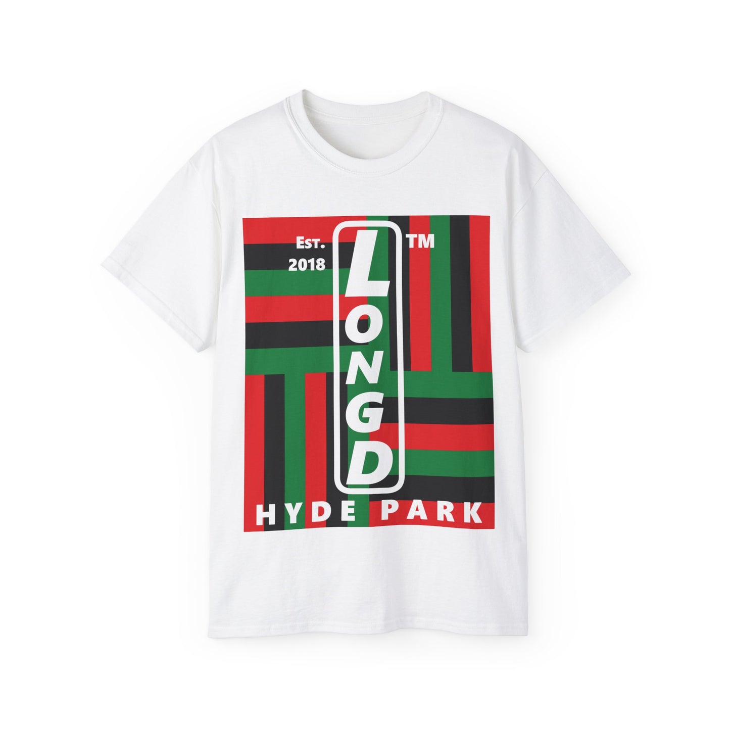 LongD Cotton Tee negative windmill Hyde Park upright logo (Juneteenth colors)