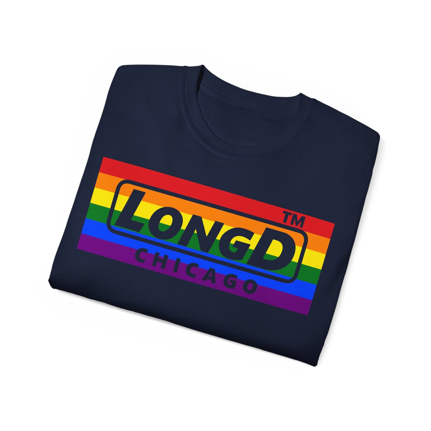 LongD negative horizontal striped Chicago logo cotton tee (Pride colors)