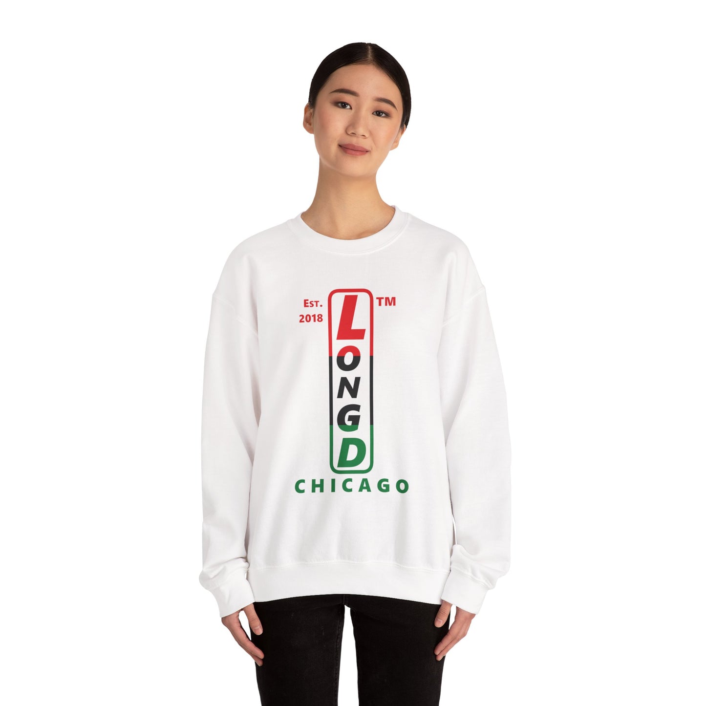 LongD positive horizontal 3-striped Chicago upright logo crewneck sweatshirt (Juneteenth colors)