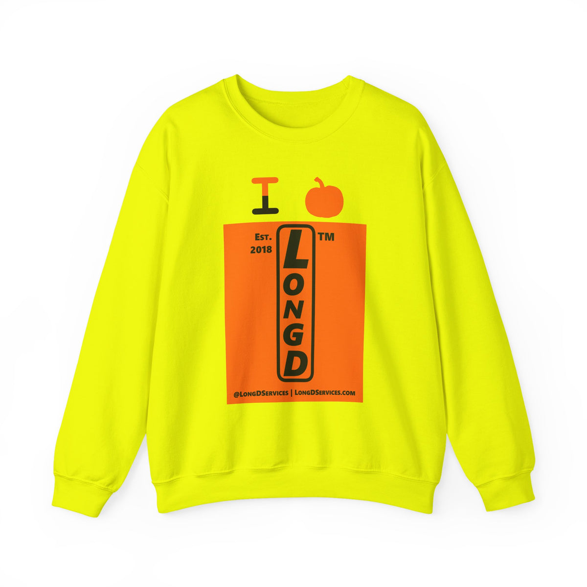 I pumpkin LongD Tag-domain upright logo positive black on negative orange crewneck sweatshirt