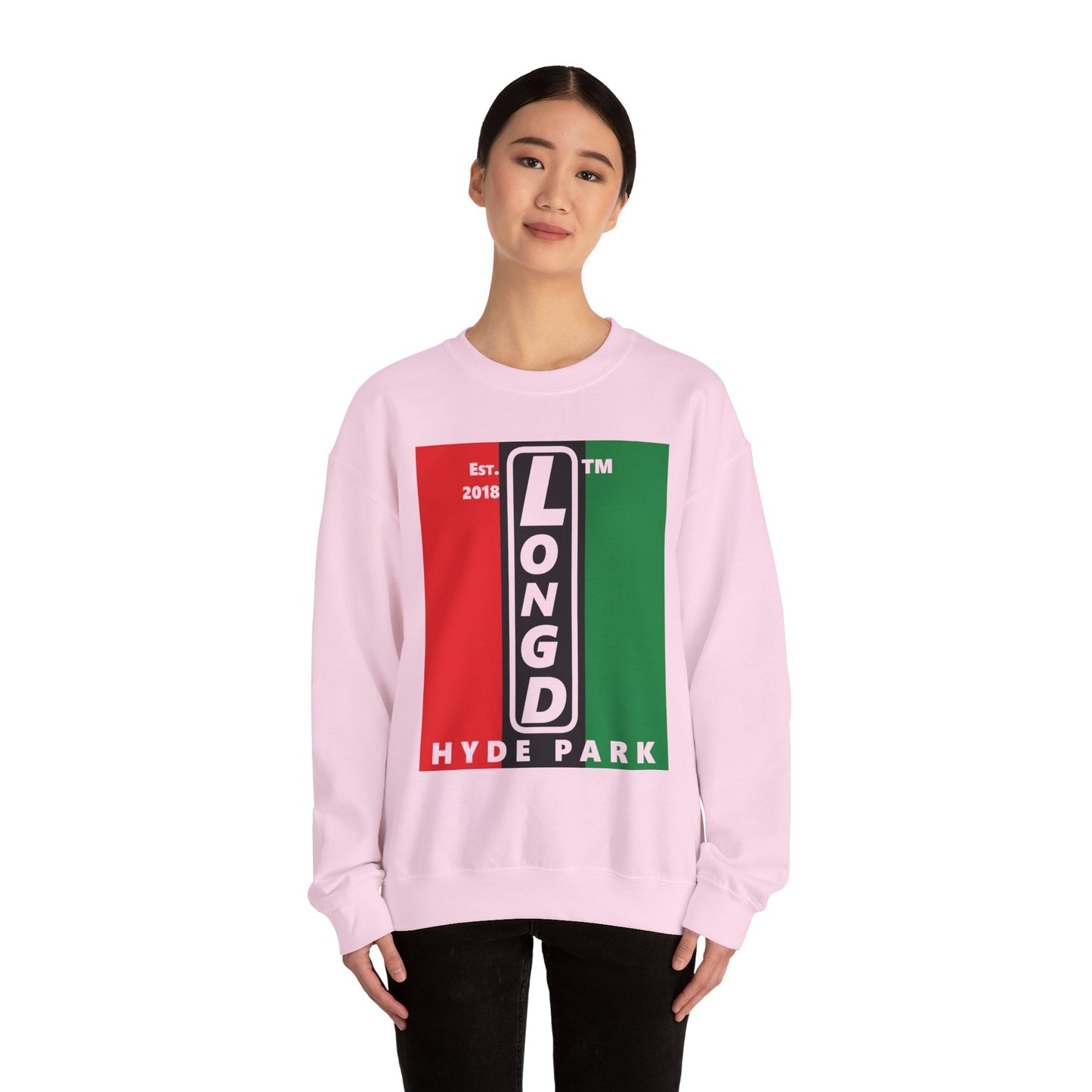 LongD negative vertical 3-striped Hyde Park upright logo crewneck sweatshirt (Juneteenth colors)