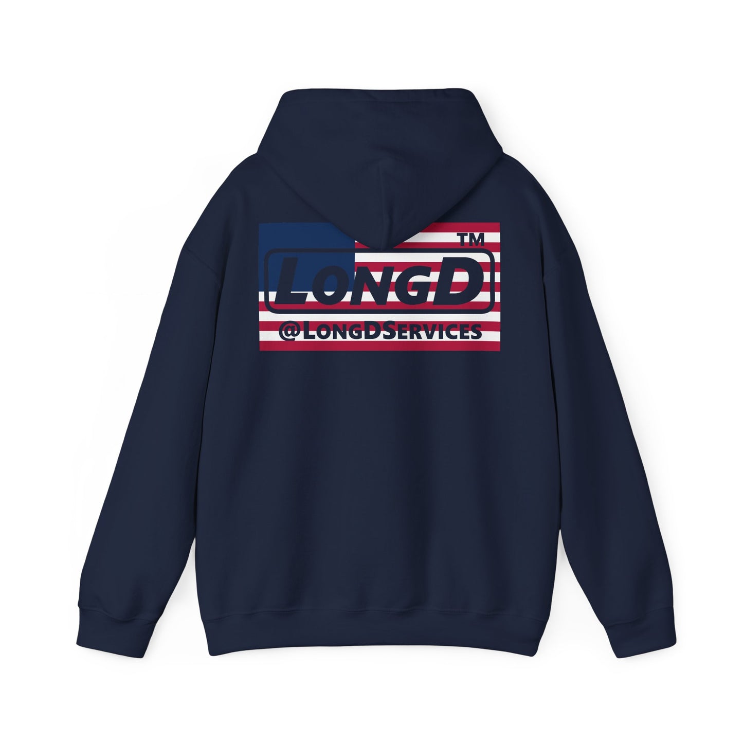 I firecracker LongD® negative flag front-back double breasted Chicago logo hoodie
